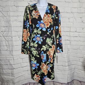 Maggy London Sheath Pencil Dress Size 4 V Neck Long Sleeves Black Floral NWT